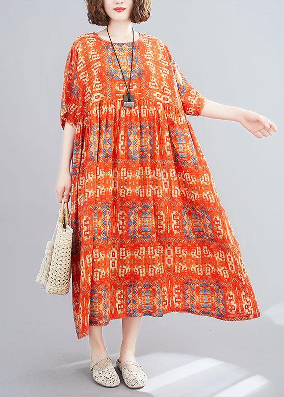 Women Red Pockets Print Holiday Dress O Neck Cotton Dress - Image 3