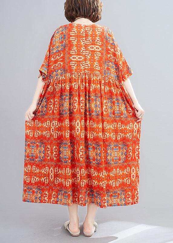 Women Red Pockets Print Holiday Dress O Neck Cotton Dress - Image 4