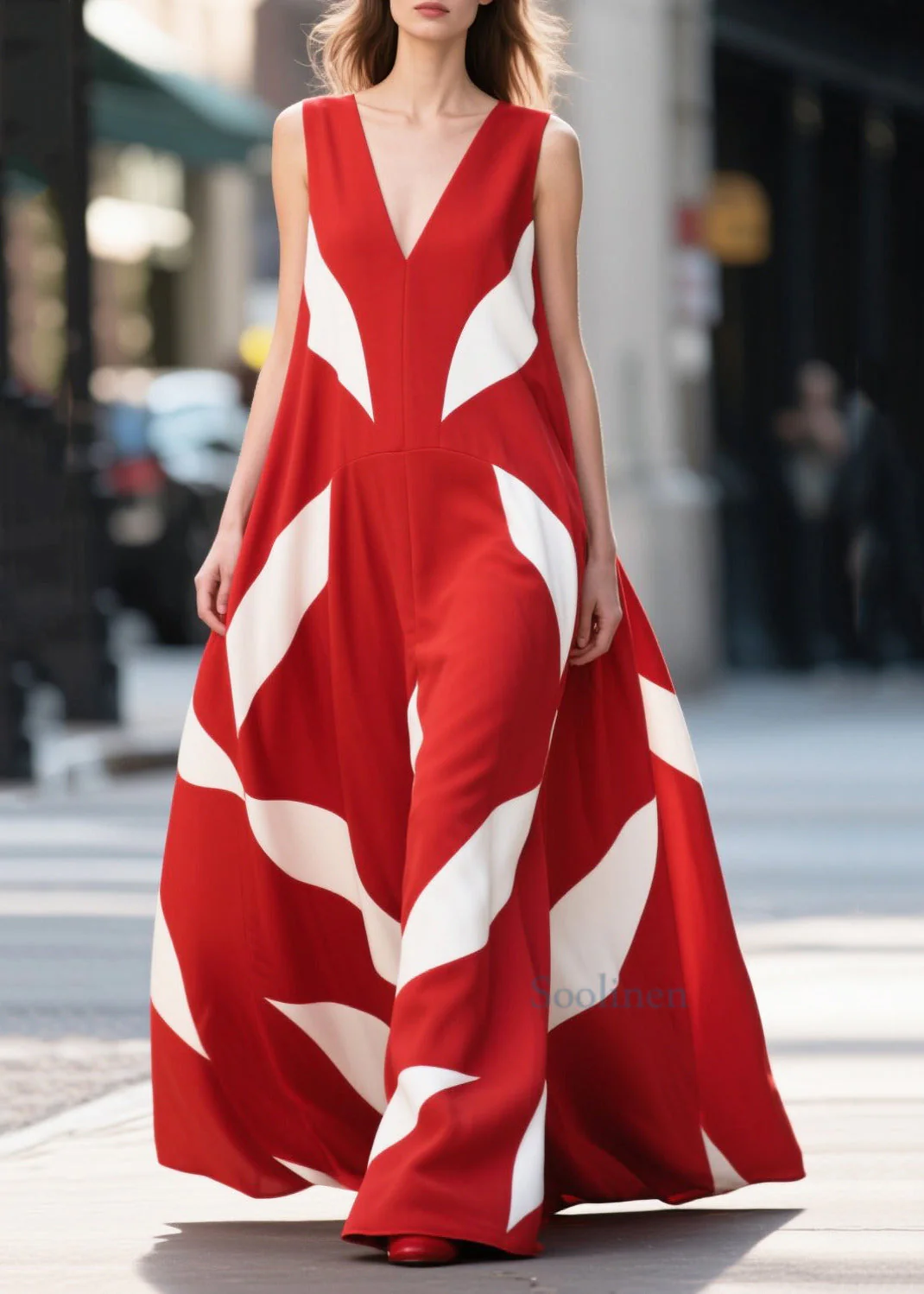 Women Red Print Exra Large Hem Chiffon Long Dress Summer - Image 3