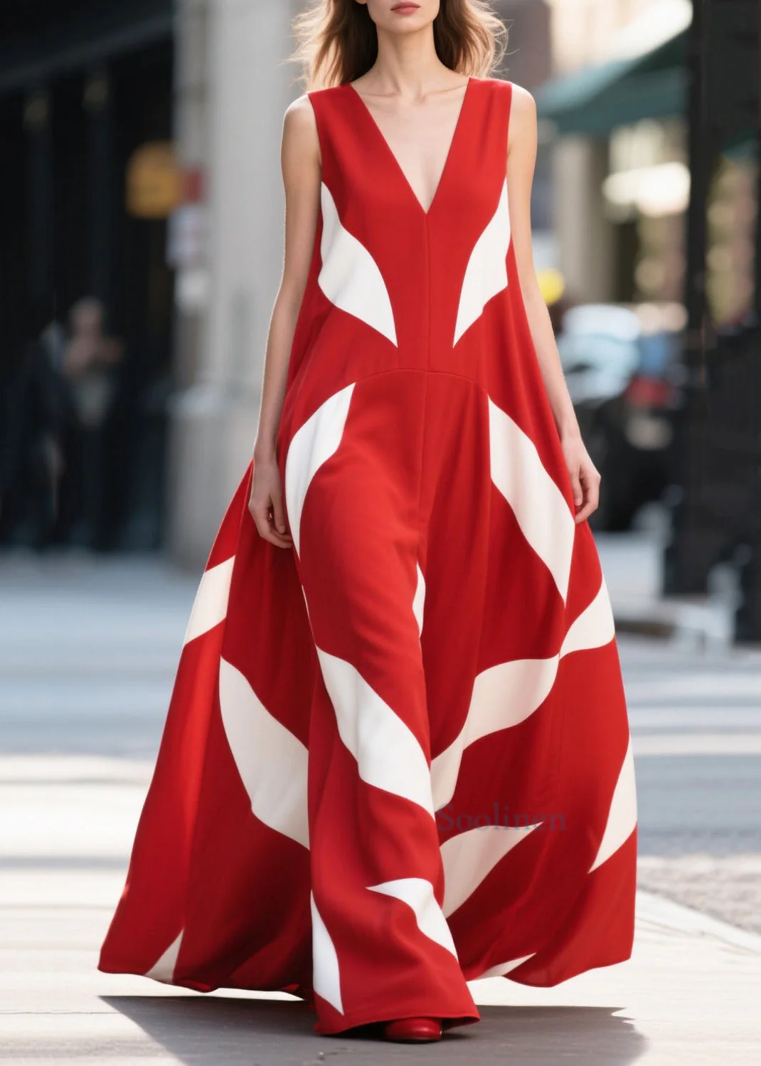 Women Red Print Exra Large Hem Chiffon Long Dress Summer - Image 5