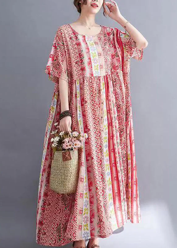 Women Red Print Wrinkled Long Dresses Short Sleeve - Image 3