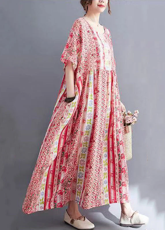 Women Red Print Wrinkled Long Dresses Short Sleeve - Image 4