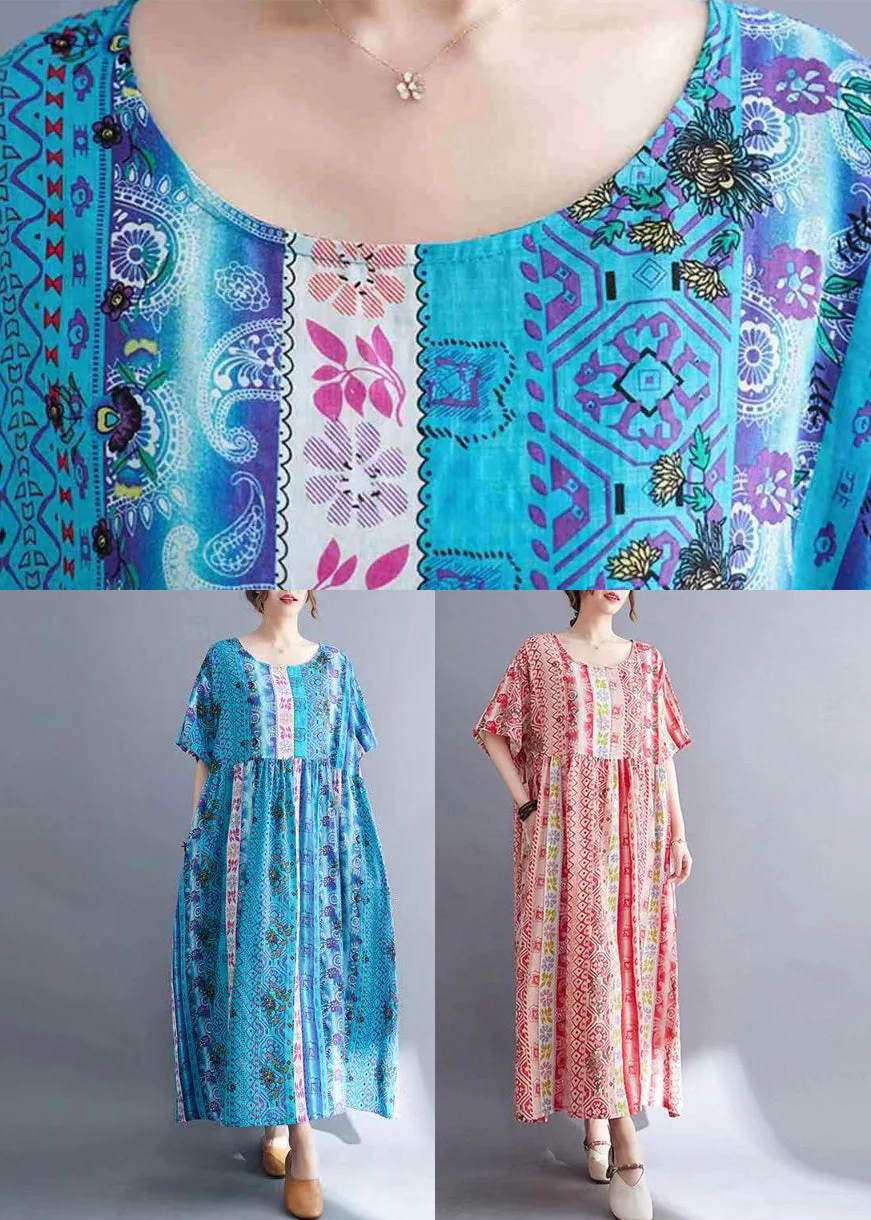 Women Red Print Wrinkled Long Dresses Short Sleeve - Image 5