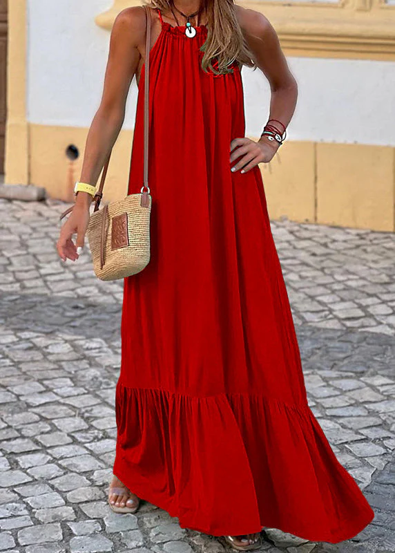 Women Red Ruffled Solid Cotton Maxi Dress Sleeveless - Image 4