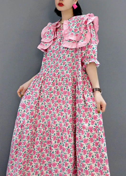 Women Red Ruffled wrinkled long Dress Spring - Image 4
