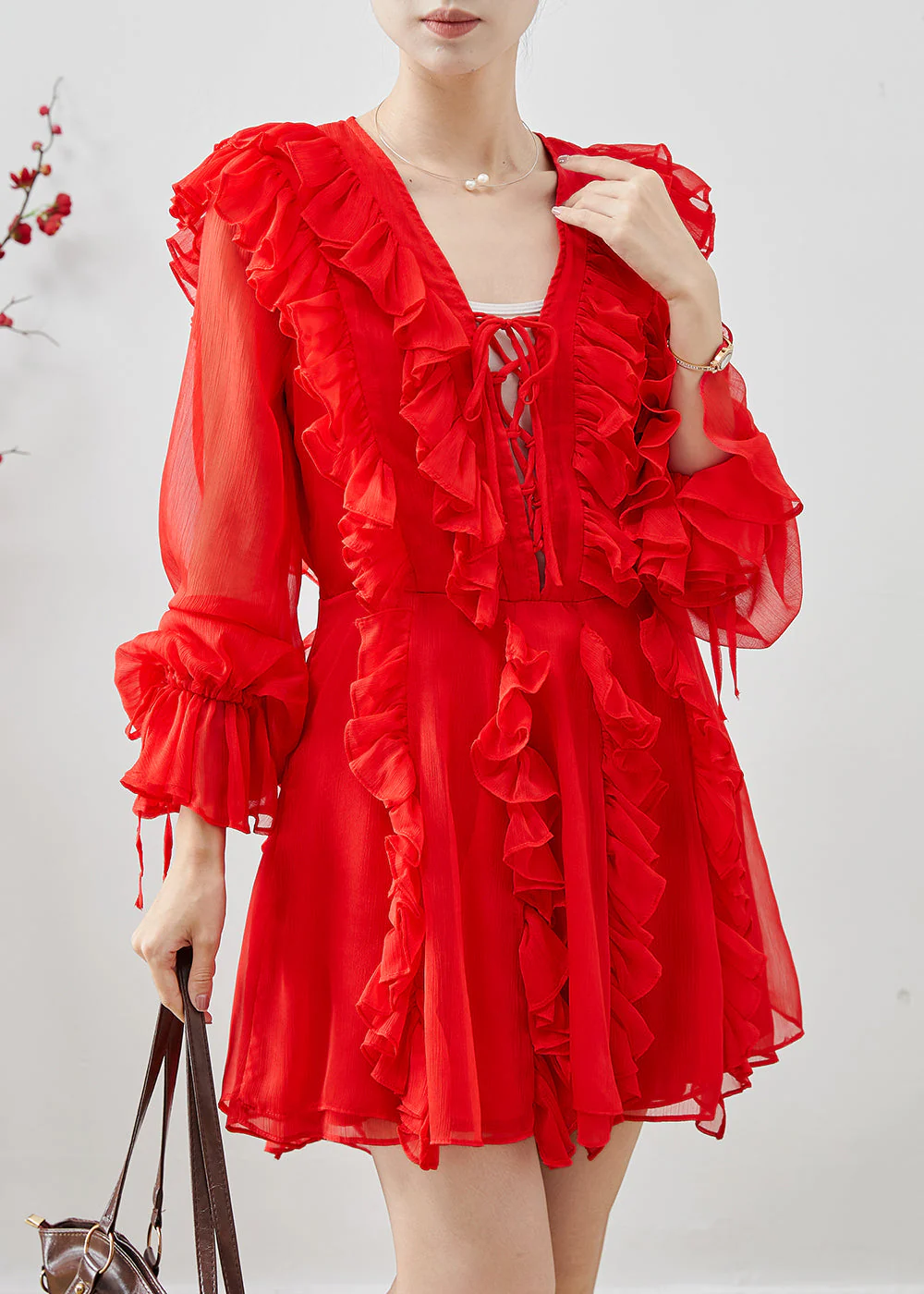 Women Red Ruffles Chiffon Mini Dresses Fall - Image 2