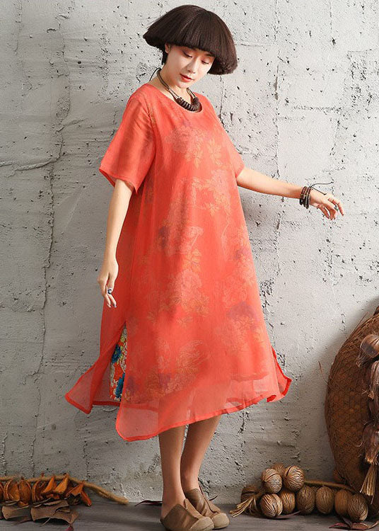 Women Red side open Print Dress Short Sleeve - Image 2
