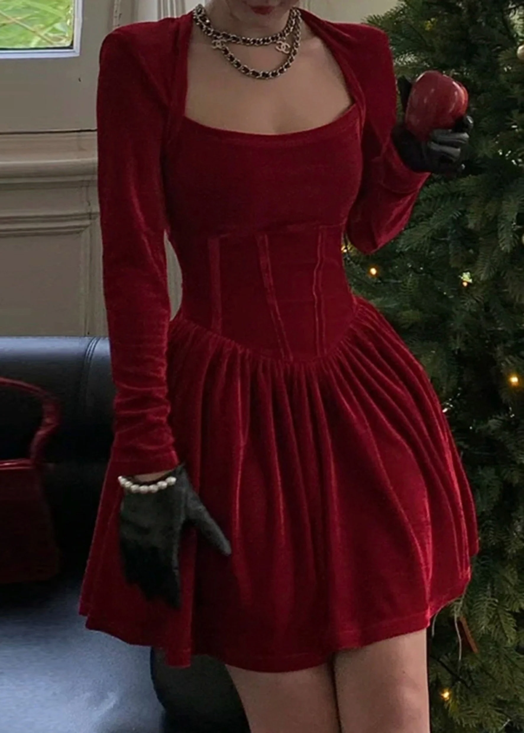 Women Red Square Collar Solid Silk Velvet Mid Dress Spring - Image 4