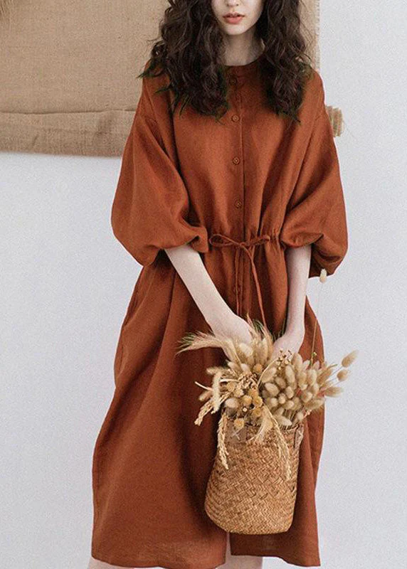 Women Red Stand Collar Drawstring Patchwork Linen Dresses Summer - Image 2