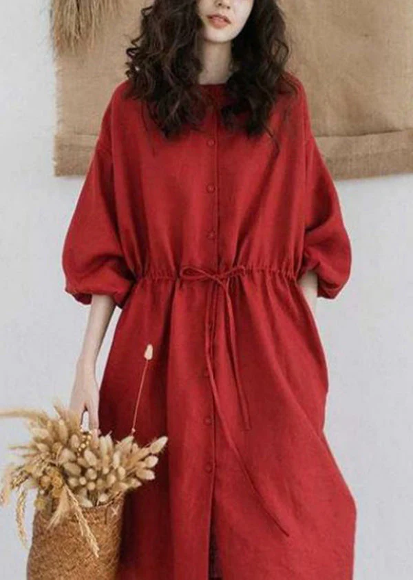 Women Red Stand Collar Drawstring Patchwork Linen Dresses Summer - Image 3