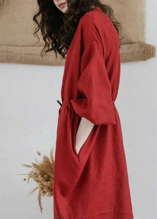 Women Red Stand Collar Drawstring Patchwork Linen Dresses Summer - Image 4