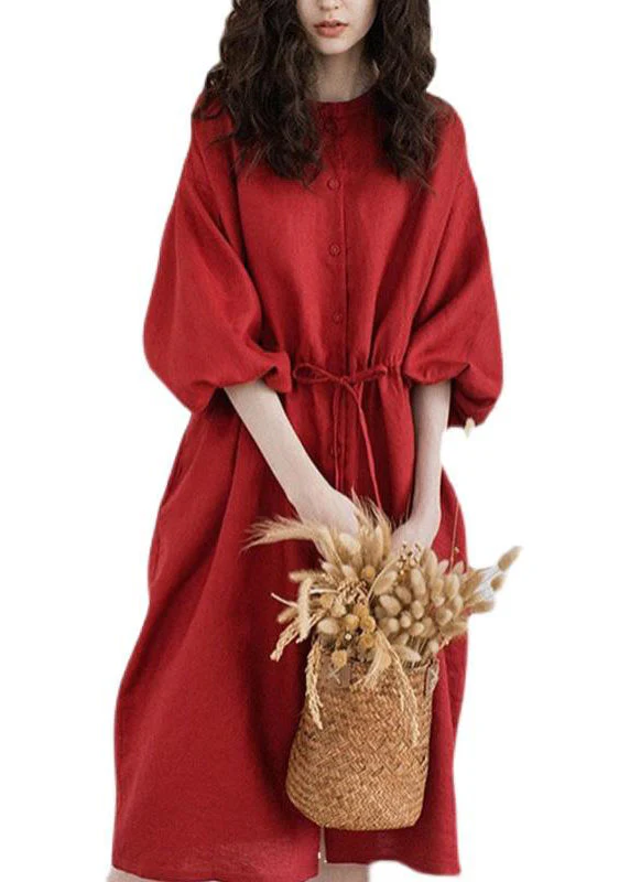 Women Red Stand Collar Drawstring Patchwork Linen Dresses Summer - Image 5