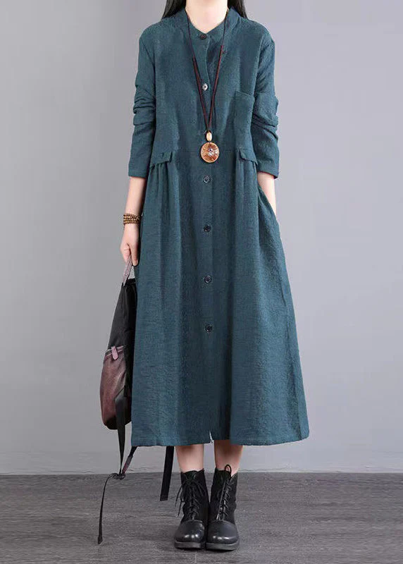 Women Red Stand Collar Pockets Patchwork Cotton Long Dresses Fall - Image 2
