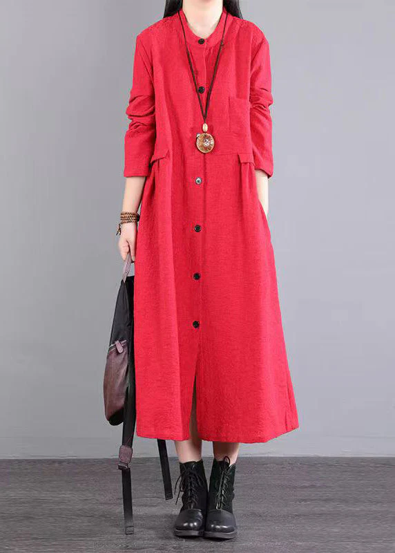 Women Red Stand Collar Pockets Patchwork Cotton Long Dresses Fall - Image 3