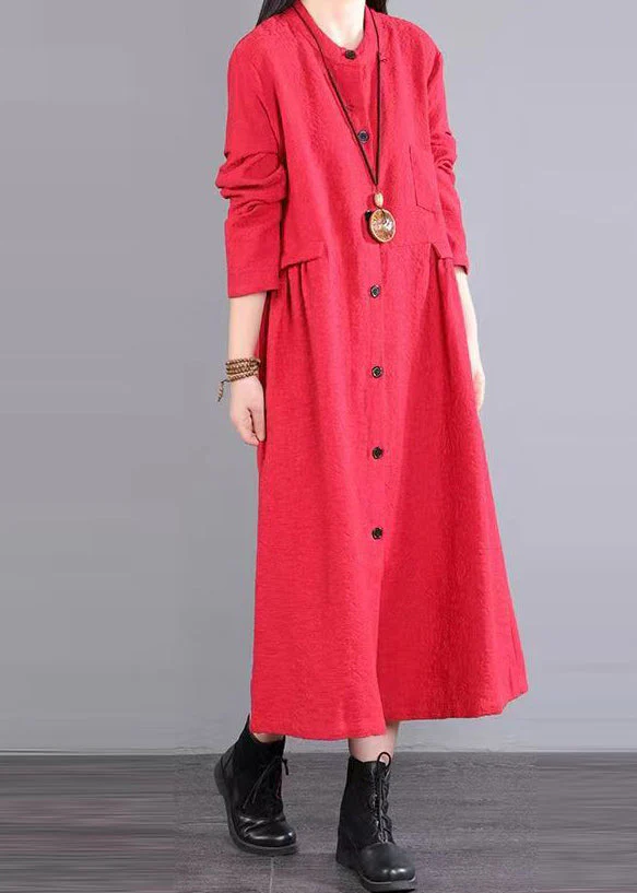 Women Red Stand Collar Pockets Patchwork Cotton Long Dresses Fall - Image 4