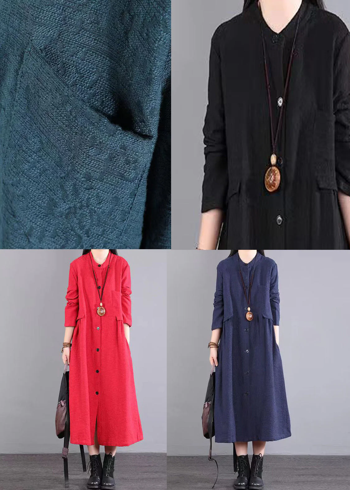 Women Red Stand Collar Pockets Patchwork Cotton Long Dresses Fall - Image 5