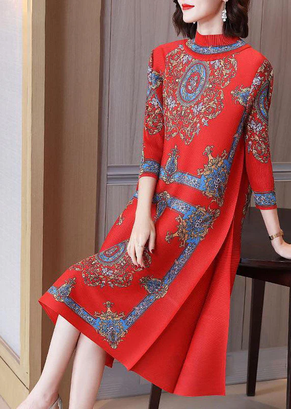 Women Red Stand Collar Wrinkled Print Silk Long Dresses Vestidos Bracelet Sleeve - Image 2