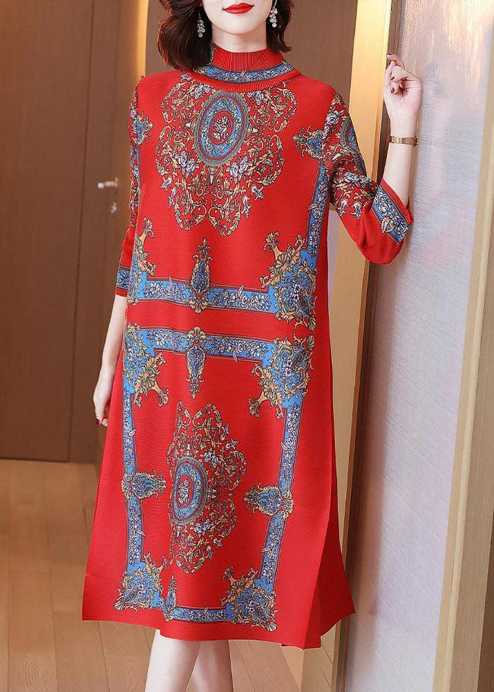 Women Red Stand Collar Wrinkled Print Silk Long Dresses Vestidos Bracelet Sleeve - Image 3