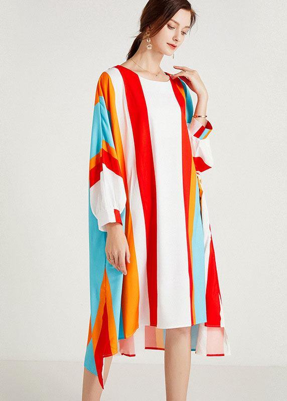 Women Red Striped O-Neck Asymmetrical Design Summer Long Dress Sleeve - Image 3