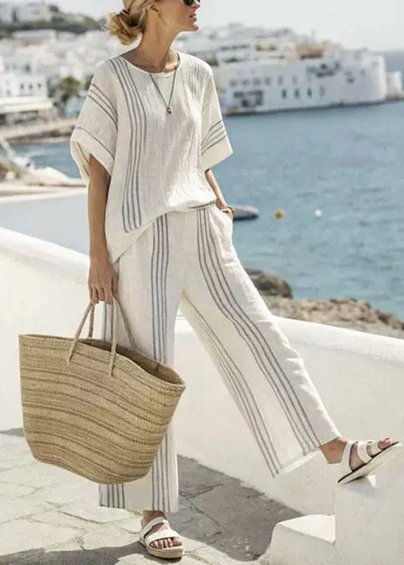 Women Red Striped Patchwork T Shirts And Wide Leg Pants Two Pieces Set Half Sleeve - Image 4