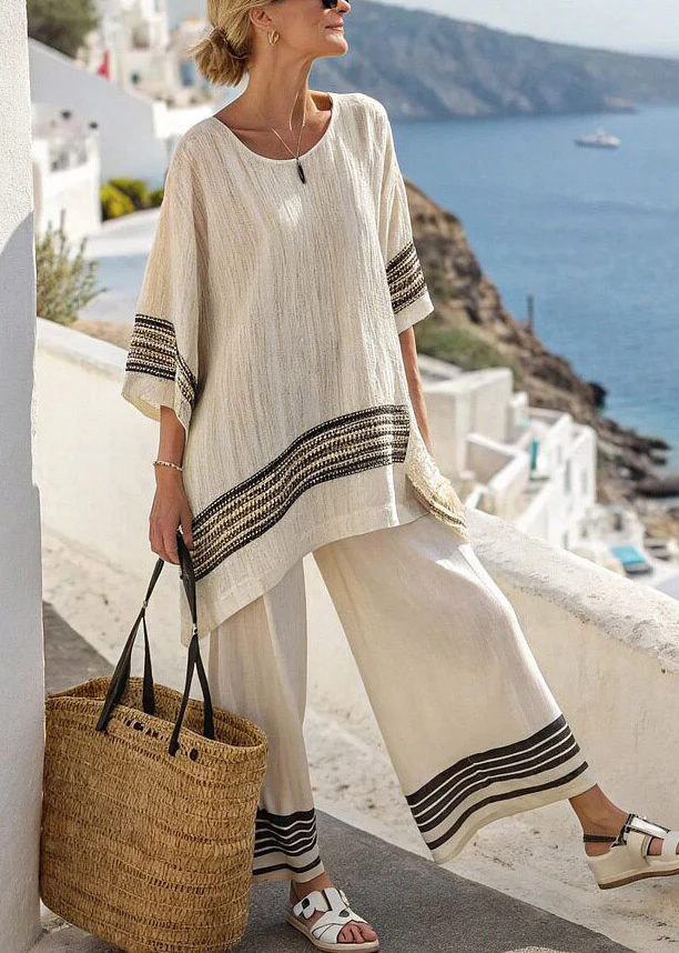 Women Red Striped Patchwork T Shirts And Wide Leg Pants Two Pieces Set Half Sleeve - Image 5