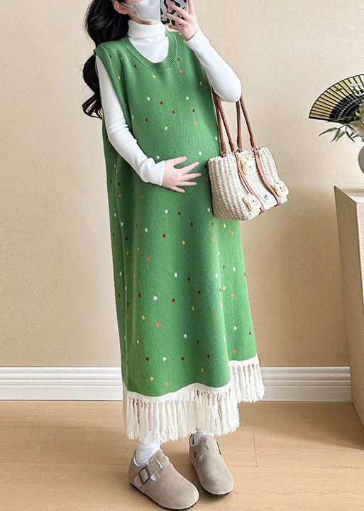 Women Red Tasseled Patchwork Knit Vest Long Dress Sleeveless - Image 2
