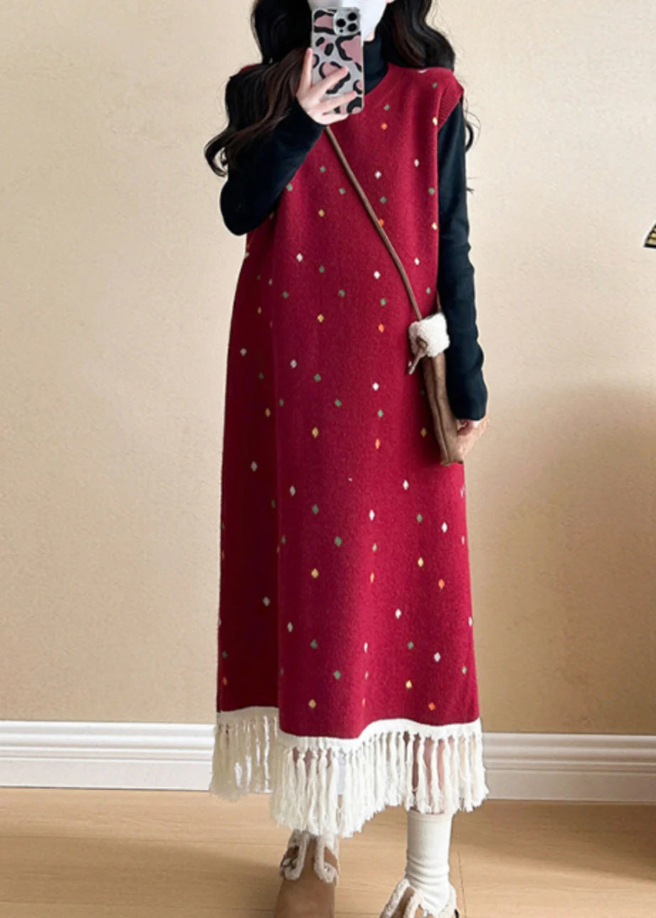 Women Red Tasseled Patchwork Knit Vest Long Dress Sleeveless - Image 3
