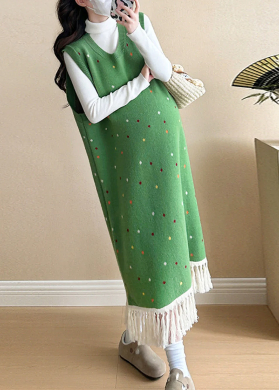 Women Red Tasseled Patchwork Knit Vest Long Dress Sleeveless - Image 4