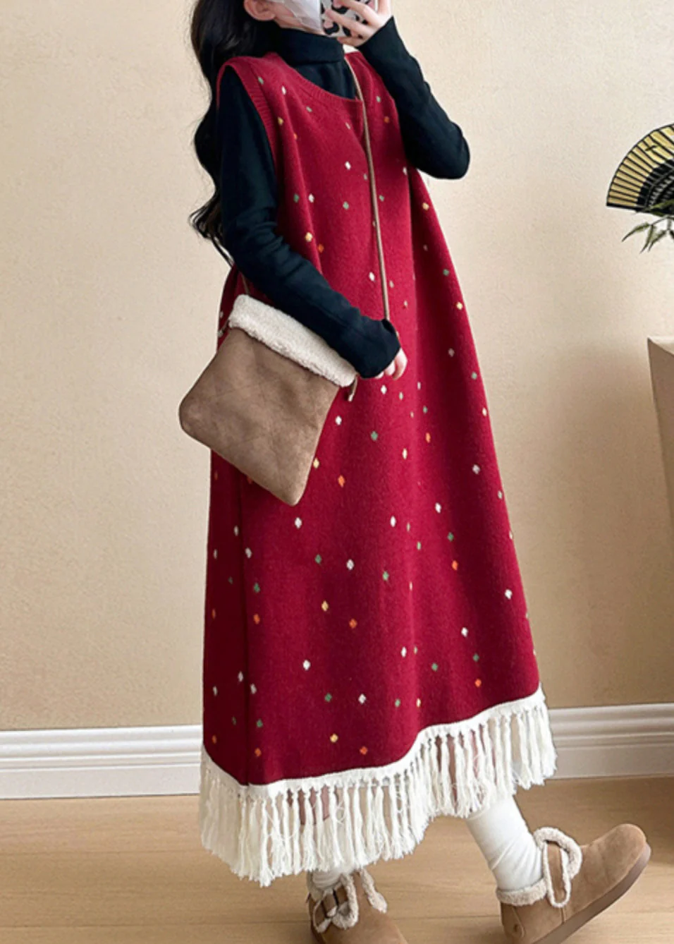 Women Red Tasseled Patchwork Knit Vest Long Dress Sleeveless - Image 5