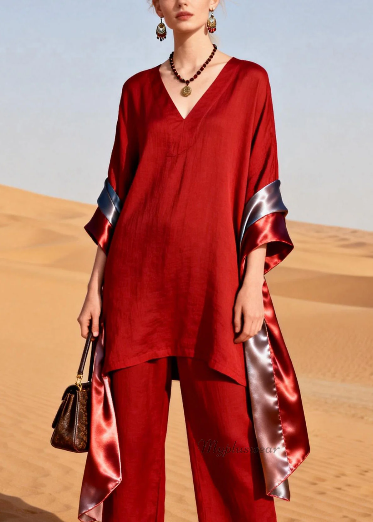 Women Red V Neck Patchwork Linen Silk Two Pieces Set Summer - Image 2