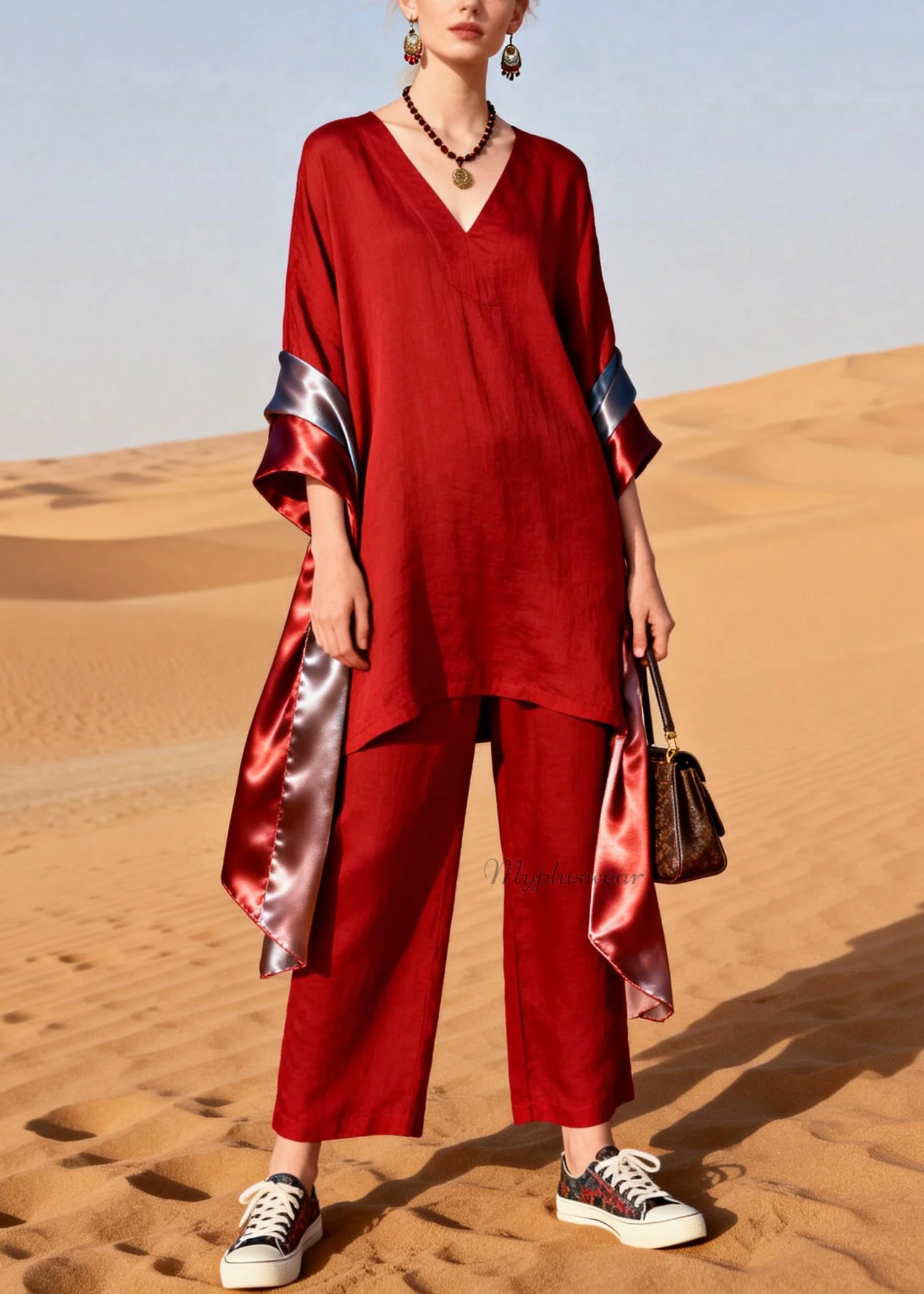 Women Red V Neck Patchwork Linen Silk Two Pieces Set Summer - Image 3