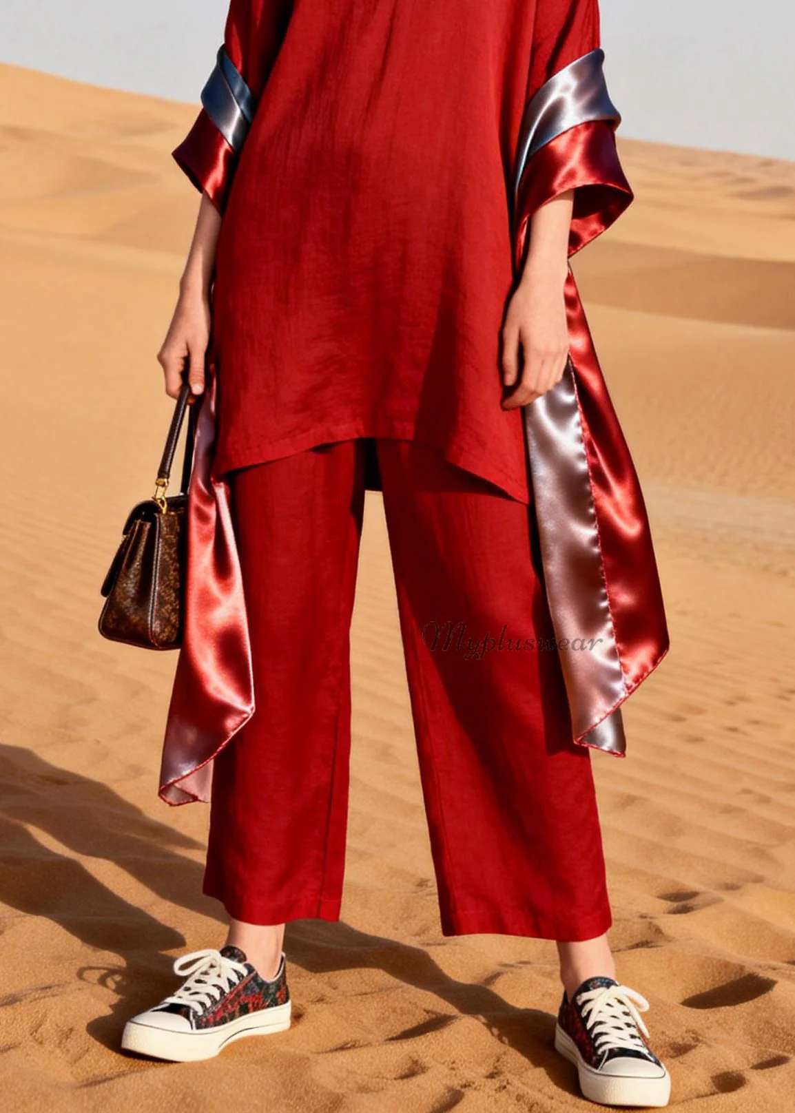 Women Red V Neck Patchwork Linen Silk Two Pieces Set Summer - Image 4