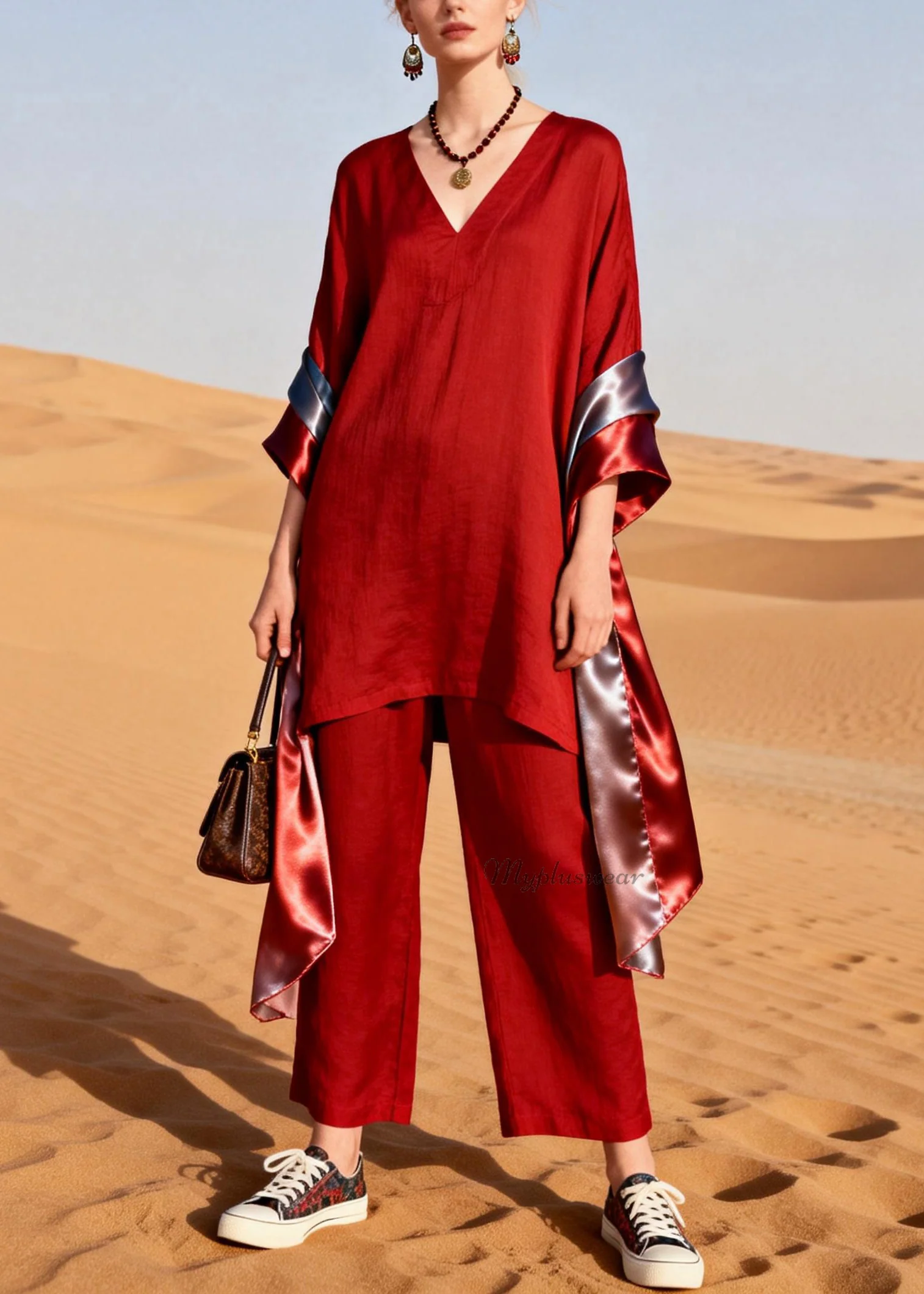 Women Red V Neck Patchwork Linen Silk Two Pieces Set Summer - Image 5