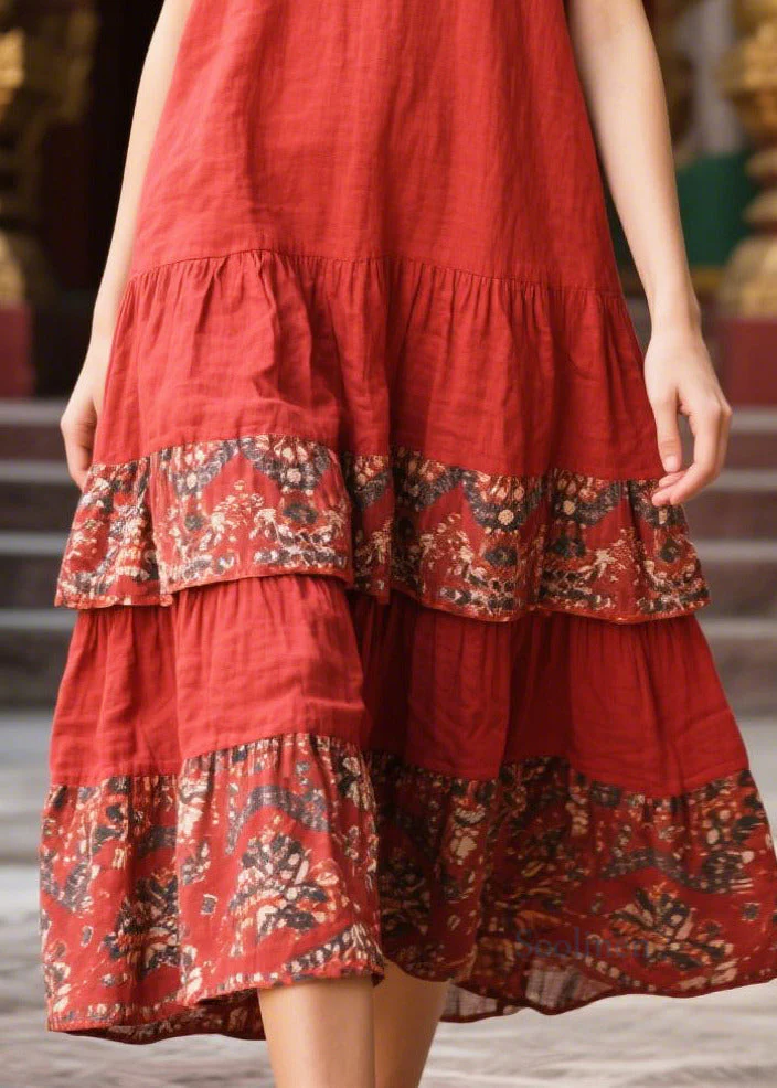 Women Red V Neck Patchwork Print Cotton Holiday Dress Summer - Image 4
