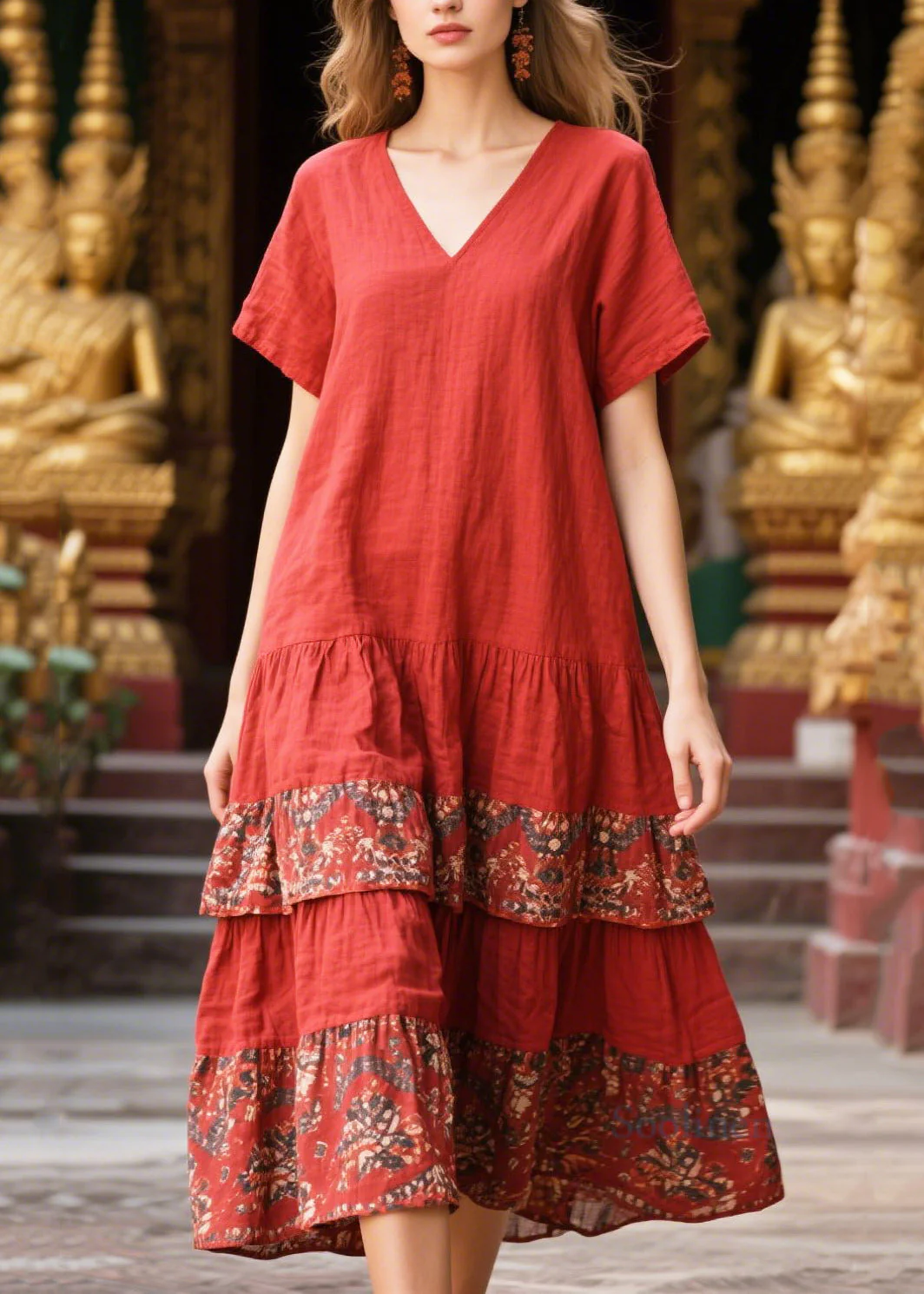 Women Red V Neck Patchwork Print Cotton Holiday Dress Summer - Image 5