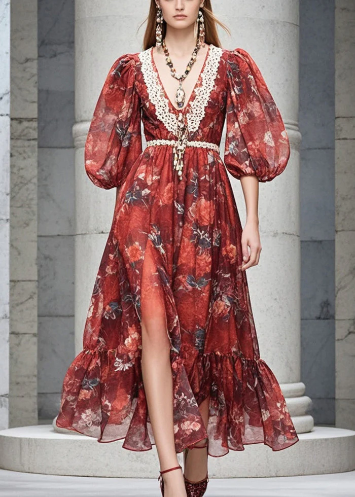 Women Red V Neck Print Chiffon Dresses Flare Sleeve - Image 3