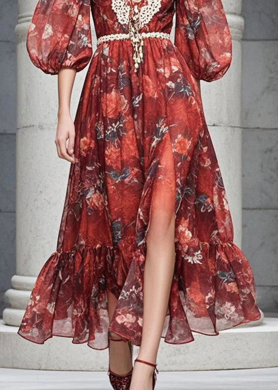 Women Red V Neck Print Chiffon Dresses Flare Sleeve - Image 4