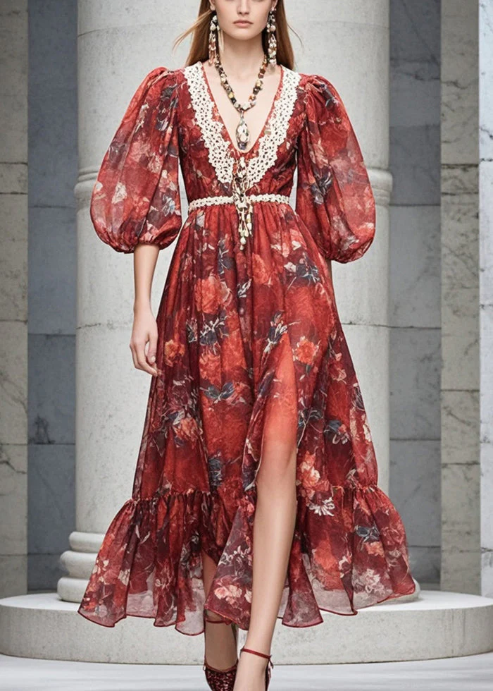 Women Red V Neck Print Chiffon Dresses Flare Sleeve - Image 5