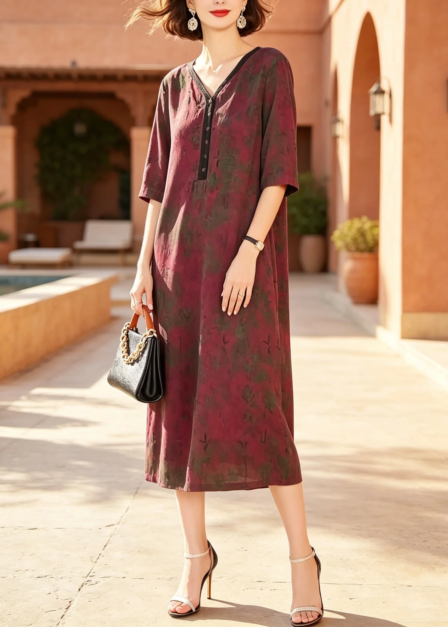 Women Red V Neck Print Patchwork Silk Dresses Summer