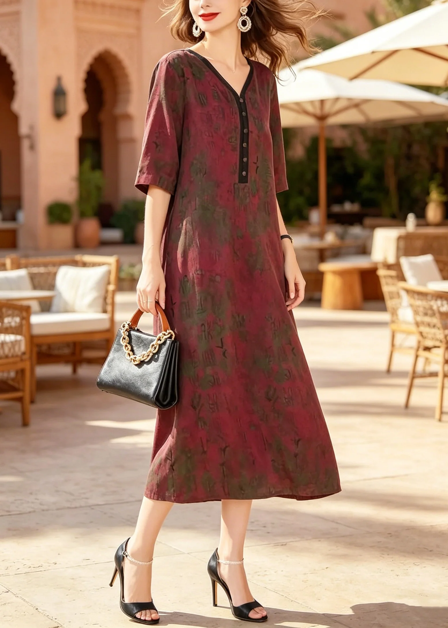 Women Red V Neck Print Patchwork Silk Dresses Summer - Image 2