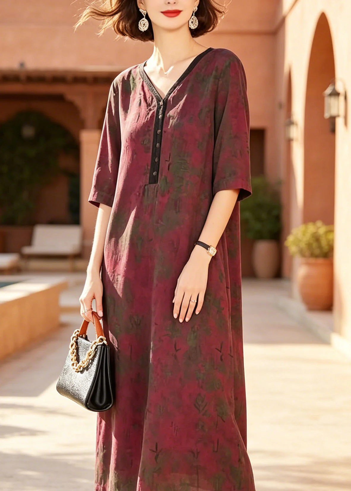 Women Red V Neck Print Patchwork Silk Dresses Summer - Image 3