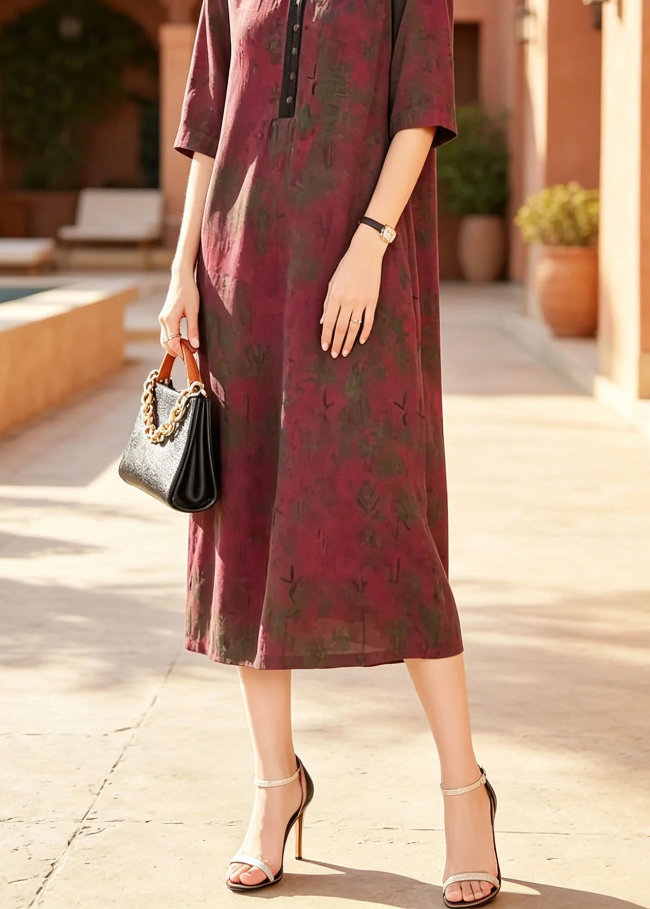 Women Red V Neck Print Patchwork Silk Dresses Summer - Image 4
