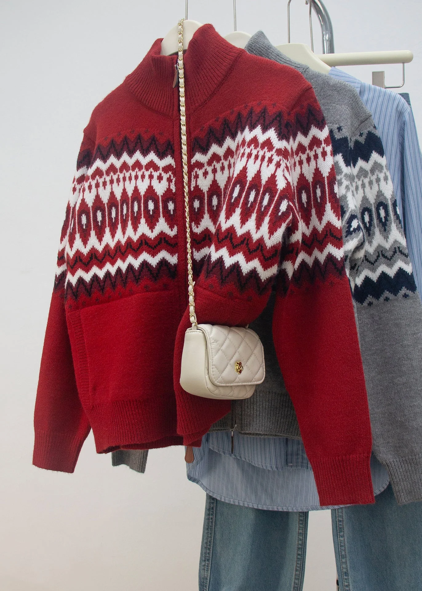 Women Red Zip Up Print Knit Cardigans Spring - Image 5