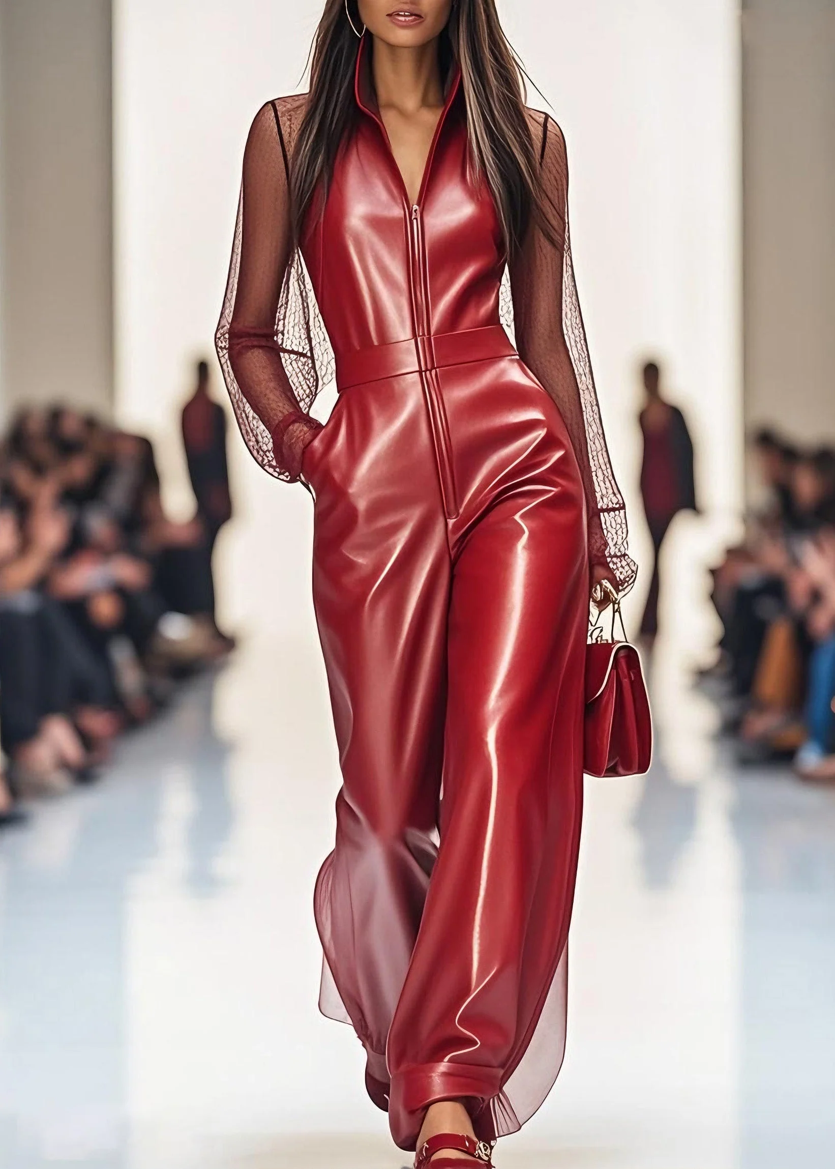 Women Red Zip Up Tulle Patchwork Faux Leather Jumpsuit Summer - Image 3