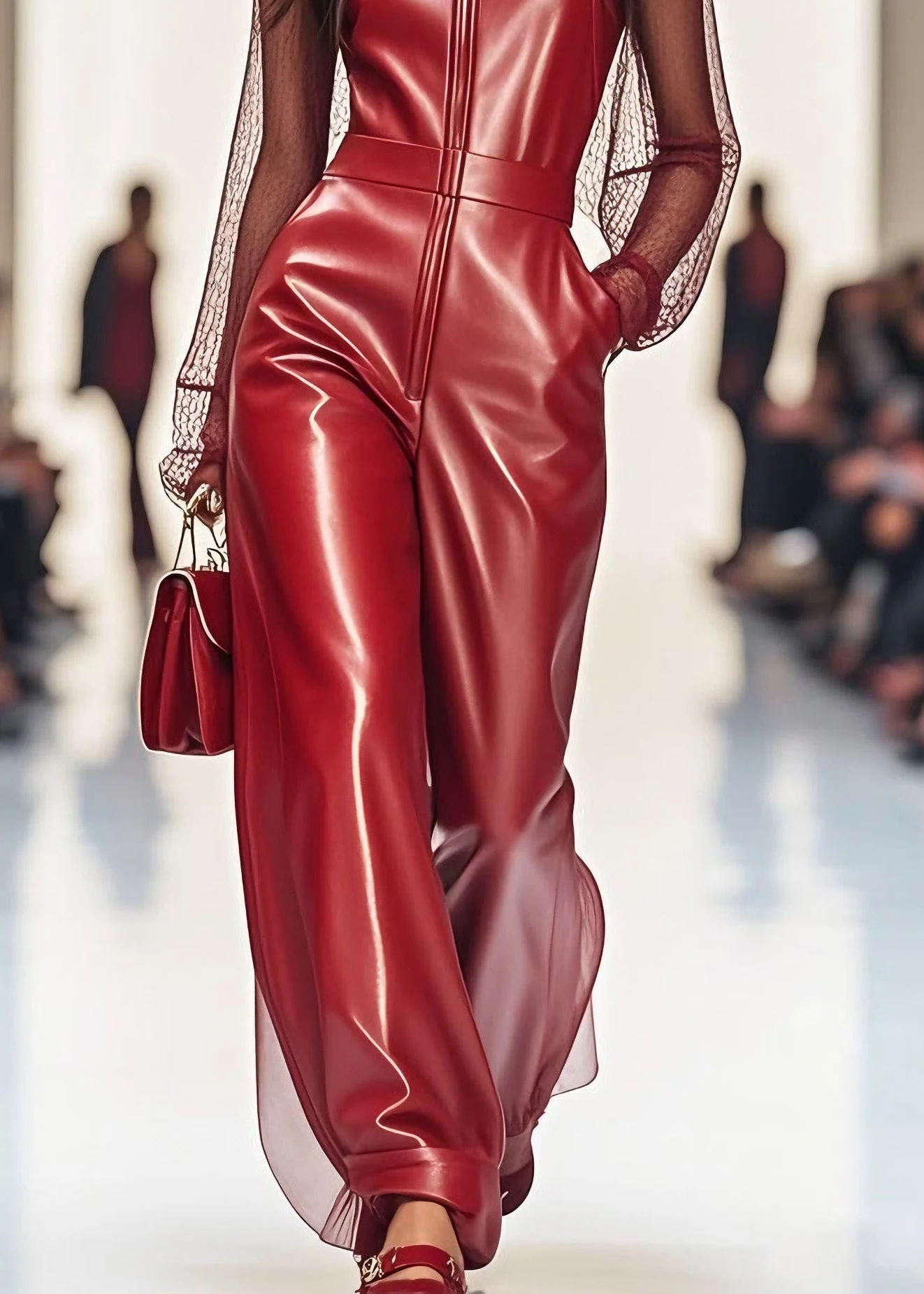 Women Red Zip Up Tulle Patchwork Faux Leather Jumpsuit Summer - Image 4