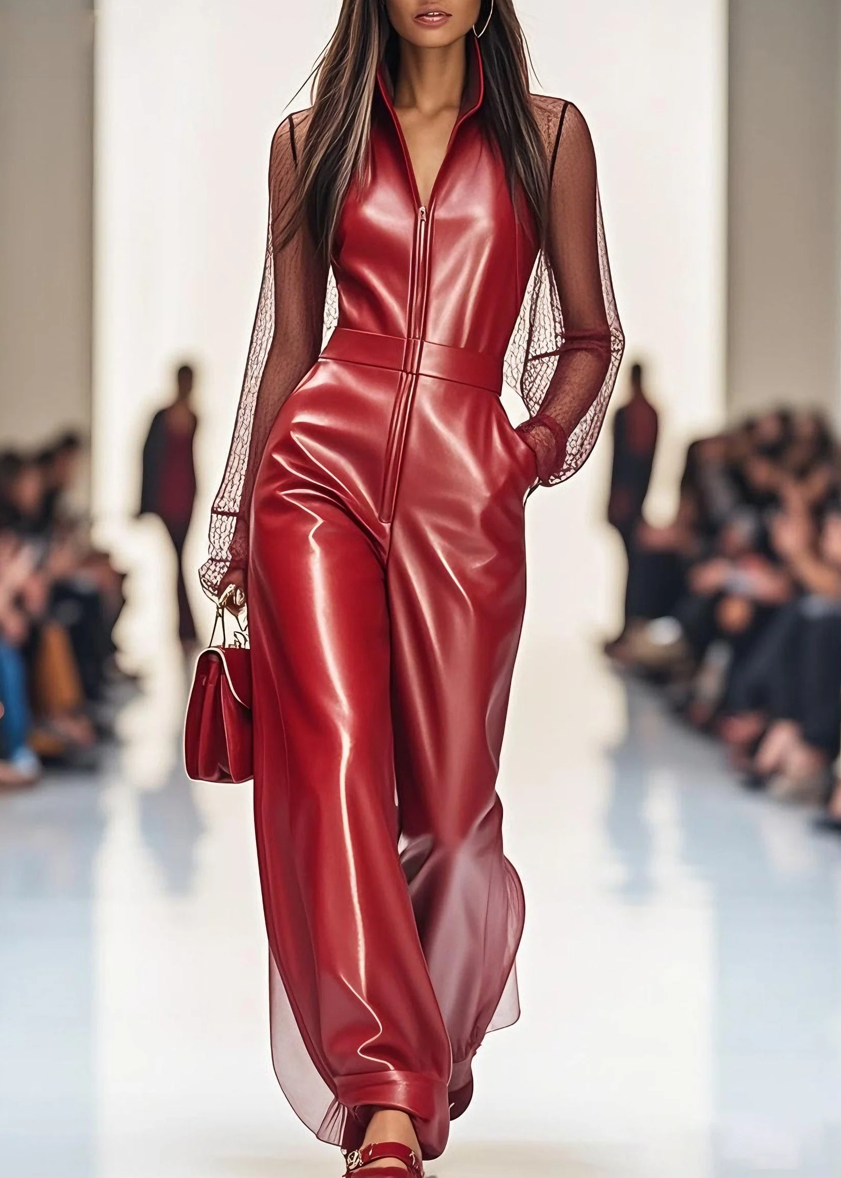 Women Red Zip Up Tulle Patchwork Faux Leather Jumpsuit Summer - Image 5