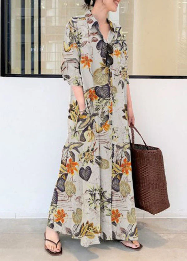 Women Retro Floral Print Cotton Turn-Down Collar Loose Shirt Dress With Pocket - Image 2