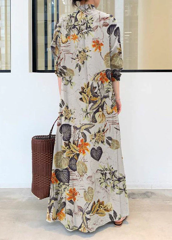 Women Retro Floral Print Cotton Turn-Down Collar Loose Shirt Dress With Pocket - Image 3