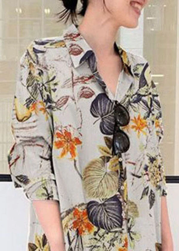 Women Retro Floral Print Cotton Turn-Down Collar Loose Shirt Dress With Pocket - Image 4