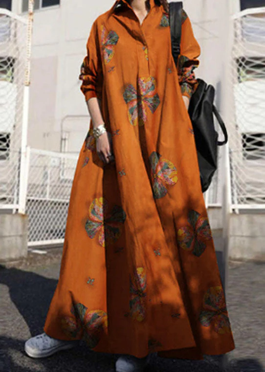 Women Retro Floral Print Lapel Bohemian Loose Long Sleeve Maxi Shirt Dress With Pocket - Image 2